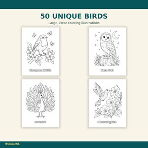 May include: A coloring book page set titled 50 UNIQUE BIRDS with the subtitle Large, clear coloring illustrations. It displays four black and white line art drawings of a European Robin, a Barn Owl, a Peacock, and a Hummingbird with labels.