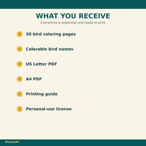 May include: A digital product information graphic with the title WHAT YOU RECEIVE and the subtitle Everything is organized and ready to print. It lists 50 bird coloring pages, colorable bird names, US Letter PDF, A4 PDF, printing guide, and personal-use license.