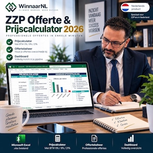 Könnte beinhalten: Eine digitale Tabellenkalkulationssoftware mit dem Titel ZZP Offerte & Prijscalculator 2026 auf einem Laptop-Bildschirm, die einen Preisrechner, eine Angebotsverwaltung und ein Dashboard mit Diagrammen und Daten enthält.