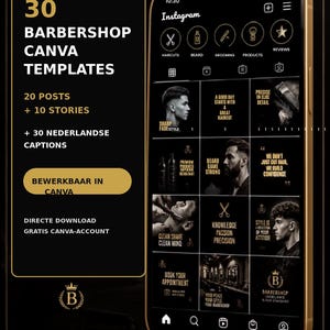 30 Barbershop Canva Templates | 20 Instagram Posts + 10 Stories | 30 Captions Nederlands | Kapsalon Social Media Pack