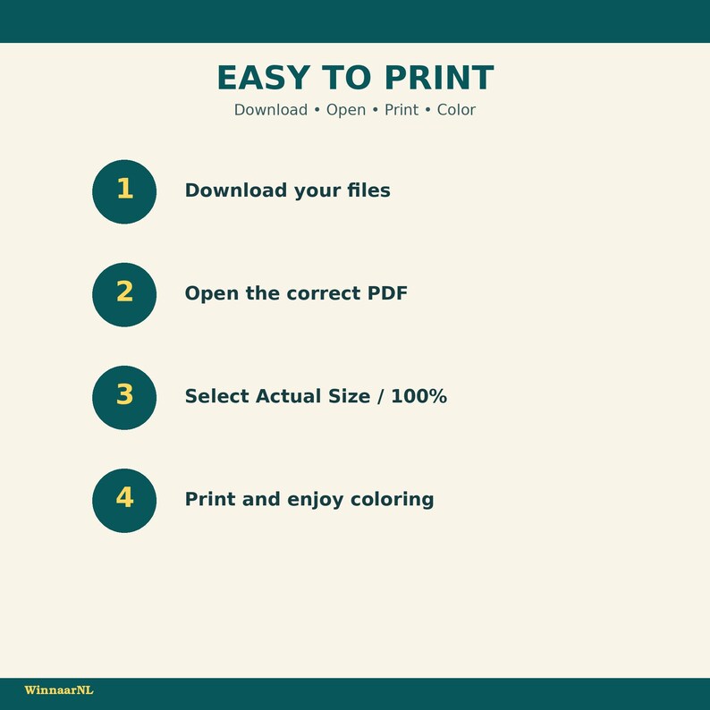 May include: A digital instructional graphic with a cream background and dark teal accents. The text reads: EASY TO PRINT, Download, Open, Print, Color. Four numbered steps in teal circles explain the process: Download your files, Open the correct PDF, Select Actual Size / 100%, and Print and enjoy coloring. The brand name WinnaarNL appears at the bottom.