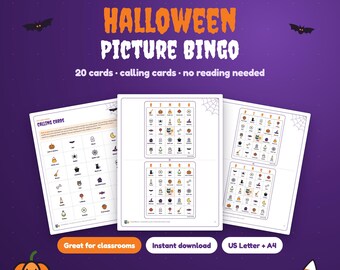 Halloween Bingo Printable, 20 Picture Bingo Cards and Calling Cards, Classroom Party Game for Kids