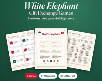 White Elephant Gift Exchange Games Printable, Steal Rules, Christmas Dice Game and Left Right Story