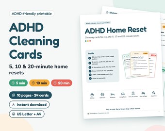 ADHD Cleaning Cards Printable: 5, 10, 20 Minute Home Reset, Cleaning Checklist Cards, Chore Cards & Bare Minimum Day PDF