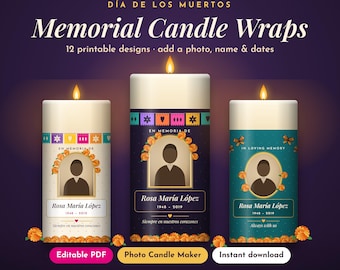 Dia de los Muertos Memorial Candle Wraps, 12 Printable Prayer Candle Labels with Photo and Name