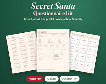 Secret Santa Questionnaire Fillable PDF Kit, Office Gift Exchange Form, Name Slips and Gift Tags