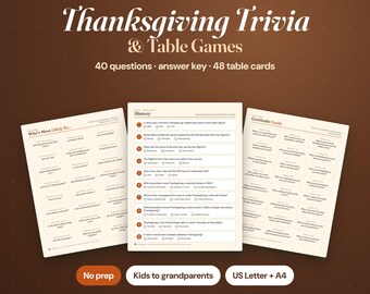 Thanksgiving Trivia Game Printable, 40 Questions with Answer Key, Friendsgiving Table Games for Family