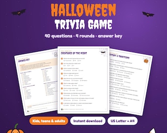 Halloween Trivia Game Printable, 40 Questions with Answer Key, Party Quiz for Kids, Teens and Adults