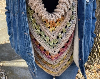 Textured Cowl Scarf with cowl scarf in shades of taupe, tan, gold and green
