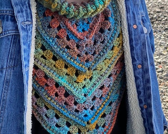 Textured Cowl Scarf in shades of turquoise, orange, gold, blues with a southwestern inspired colors