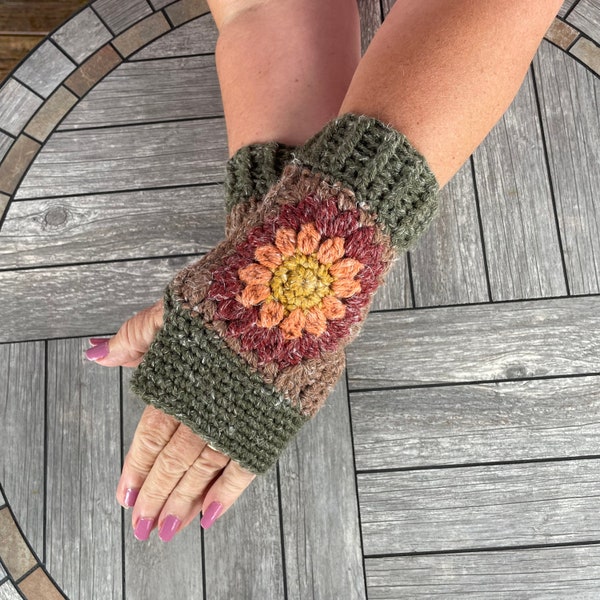 Red Sunflower Fingerless Gloves in traditional shades of brown, green, tan, orange and gold