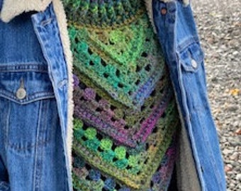 Textured Mock Neck Scarf in enchanted garden colors of green, purple and blues