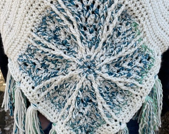 Snowflake Cowl Scarf in Ivory with blue, teal, mint, sea foam snowflake accent colors.