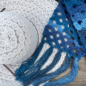 Point Break Scarf in ocean waves of blue, pale blue to navy with bold fringes