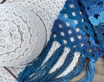 Point Break Scarf in ocean waves of blue, pale blue to navy with bold fringes