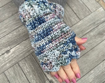 Fingerless Gloves in shades of blue, tan, mauve, gray and sage green ombré