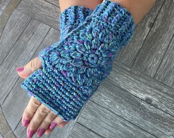 Sunflower Fingerless Gloves in medium blue with purple, dark blue and light blue