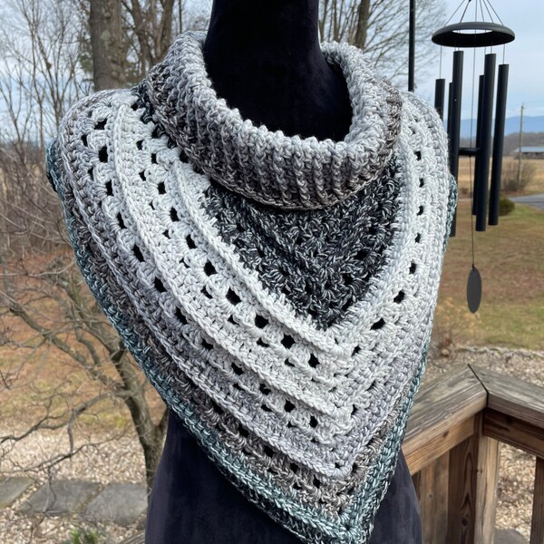 Textured Cowl Scarf in classic shades of light to dark grey and black ombré