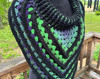 Textured Cowl Scarf in shades of lilac, violet, and green with a black accent border, Green Aura Stained Glass colors