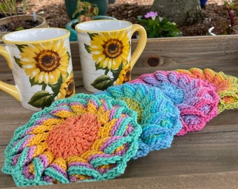 Sunny Sunflower Coasters and Potholders in multi colors and rainbow shades