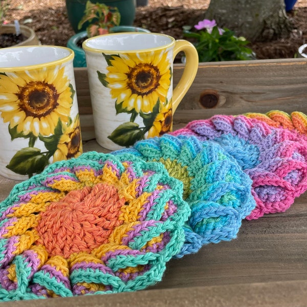 Sunny Sunflower Coasters and Potholders in multi colors and rainbow shades