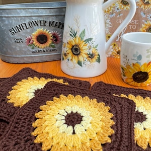 Boho Sunflower Trivets set of 4 in sunflower colors of brown, gold and yellow