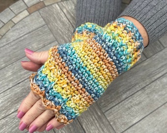 Fingerless Gloves in shades of blue, turquoise, yellow, gold and orange ombré