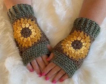 Sunflower Fingerless Gloves Crochet Pattern