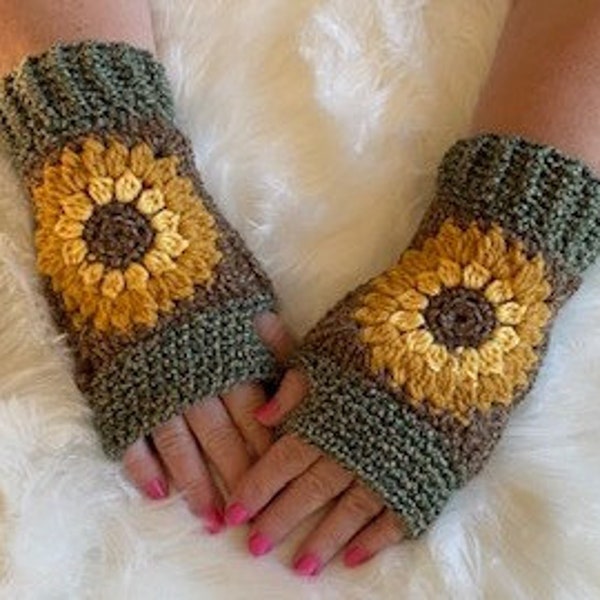 Sunflower Fingerless Gloves Crochet Pattern