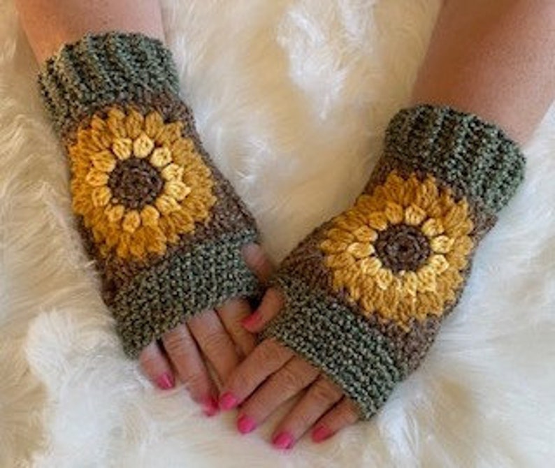 Sunflower Fingerless Gloves Crochet Pattern image 1