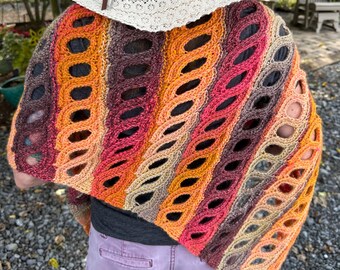 The Spring Shawl, Bold Fall Color Triangle Shawl or Scarf in Autumn brown, tan, orangeand gold hues. Fall Leaf colors