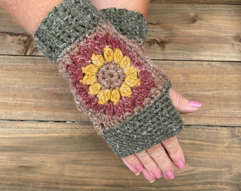 Red Sunflower Fingerless Gloves in traditional shades of brown, green, gold and red