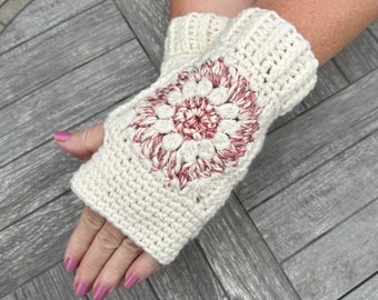 Sunflower Fingerless Gloves in shades of classic cream and soft mauve pink ombre