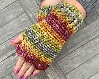 Fingerless Gloves in shades of blue, tan, mauve, gold, yellow, rust and sage green ombré, fall inspired colors