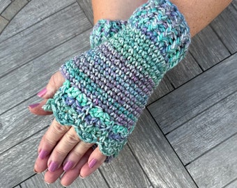 Fingerless Gloves in shades of Sage green, teal, blue and purple ombré