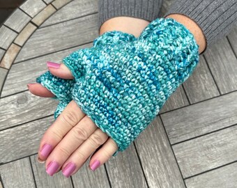 Fingerless Gloves in classic design in shades of blue green sea glass color ombré, deep sea hues, texting gloves