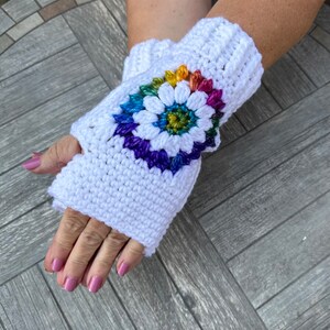 Sunflower Fingerless Gloves in jewel tone shades of pink, purple, blue, yellow and green with white borders