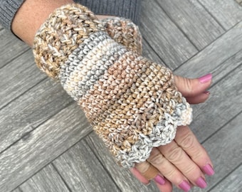 Fingerless Gloves in shades of brown, tan, gray and cream ombré, earthy colors