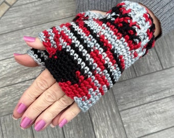 Fingerless Gloves in  gray, black and red black ombré in a classic fingerless glove design, texting gloves