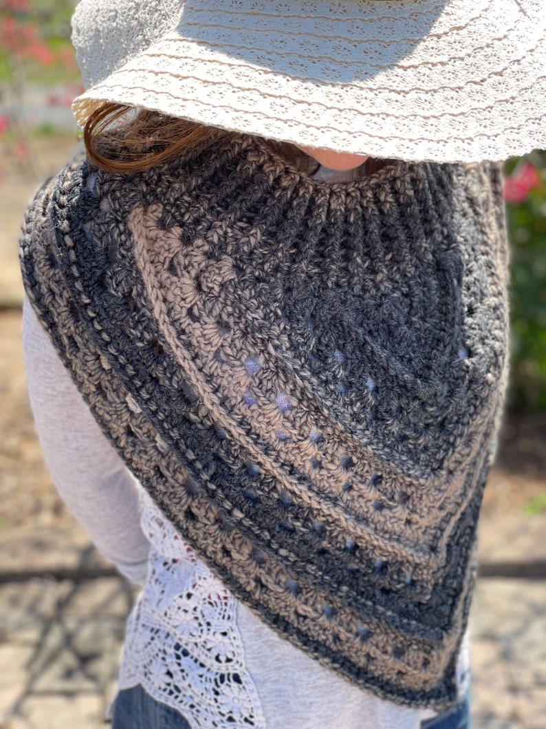 Textured Cowl Scarf with mock neck style in shades of tan and charcoal dark gray image 2
