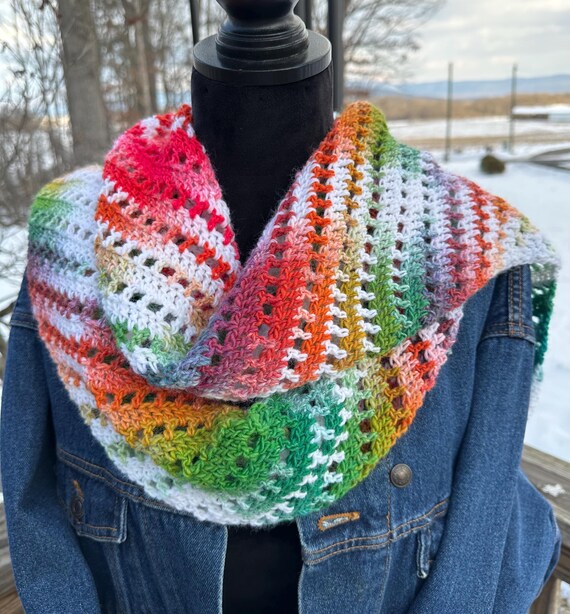 On the Diagonal Scarf in White Rainbow Ombre Colors With Pink