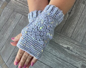 Sunflower Fingerless Gloves in medium pearly heather grey with sprinkles of yellow, green and orange