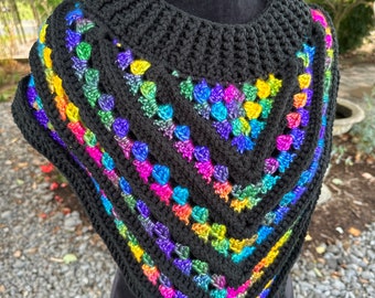 Textured Cowl Scarf with mock neckline in rainbow gemstone shades with a black accent border, stained glass inspired colors