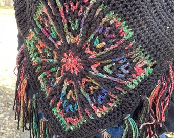 Snowflake Cowl Scarf in black with rainbow multi color snowflake accent