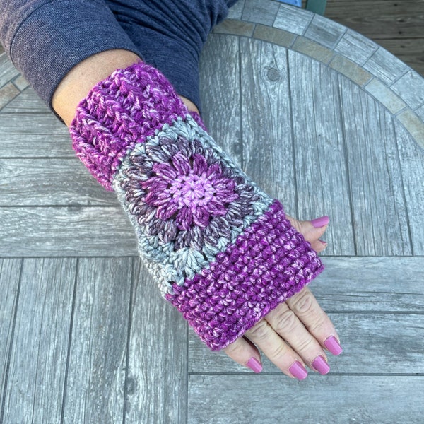 Sunflower Fingerless Gloves in shades of purple, lavender, amethyst, and grey