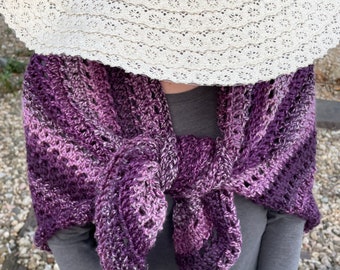 On The Diagonal Shawl Wrap in shades of purple and lavender, triangle shawl