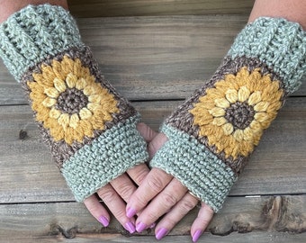 Sunflower Fingerless Gloves in traditional earth shades of green, brown, yellow, and gold