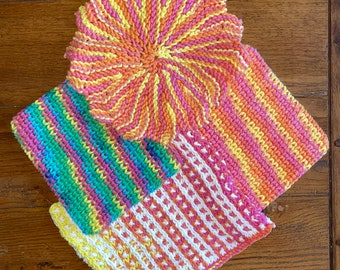 Potholder Collection of 4 in sunny vibrant orange, pink and yellow colors