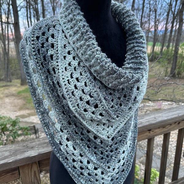 Textured Cowl Scarf in classic shades of light to dark grey ombré with a touch of sparkle