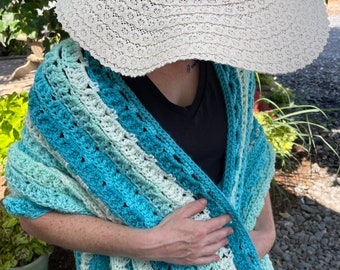 Aten Scarf Shawl in Teal Aqua and Blues.